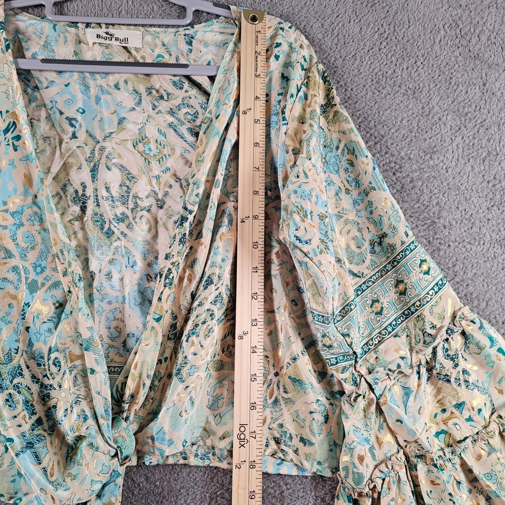 Bigg Bull Silk Blend Wrap Top Teal Gold Paisley Ruffle Bell Sleeve Boho Crop - Picture 6 of 7